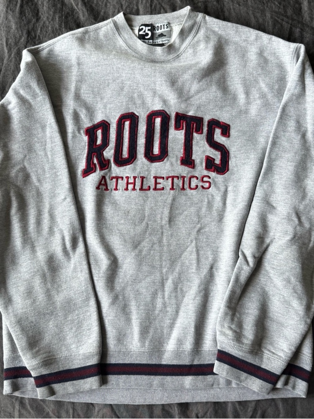 Roots Light Heather Grey Crewneck with Navy and Burgundy Lettering